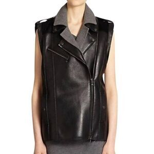 NEW Veronica Beard 100% Genuine Leather & Calf Hair Moto Biker Vest Black